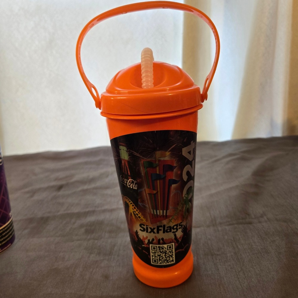 Coca‎ Cola Six Flags Orange Tumbler Cup With Straw Handle 2024
